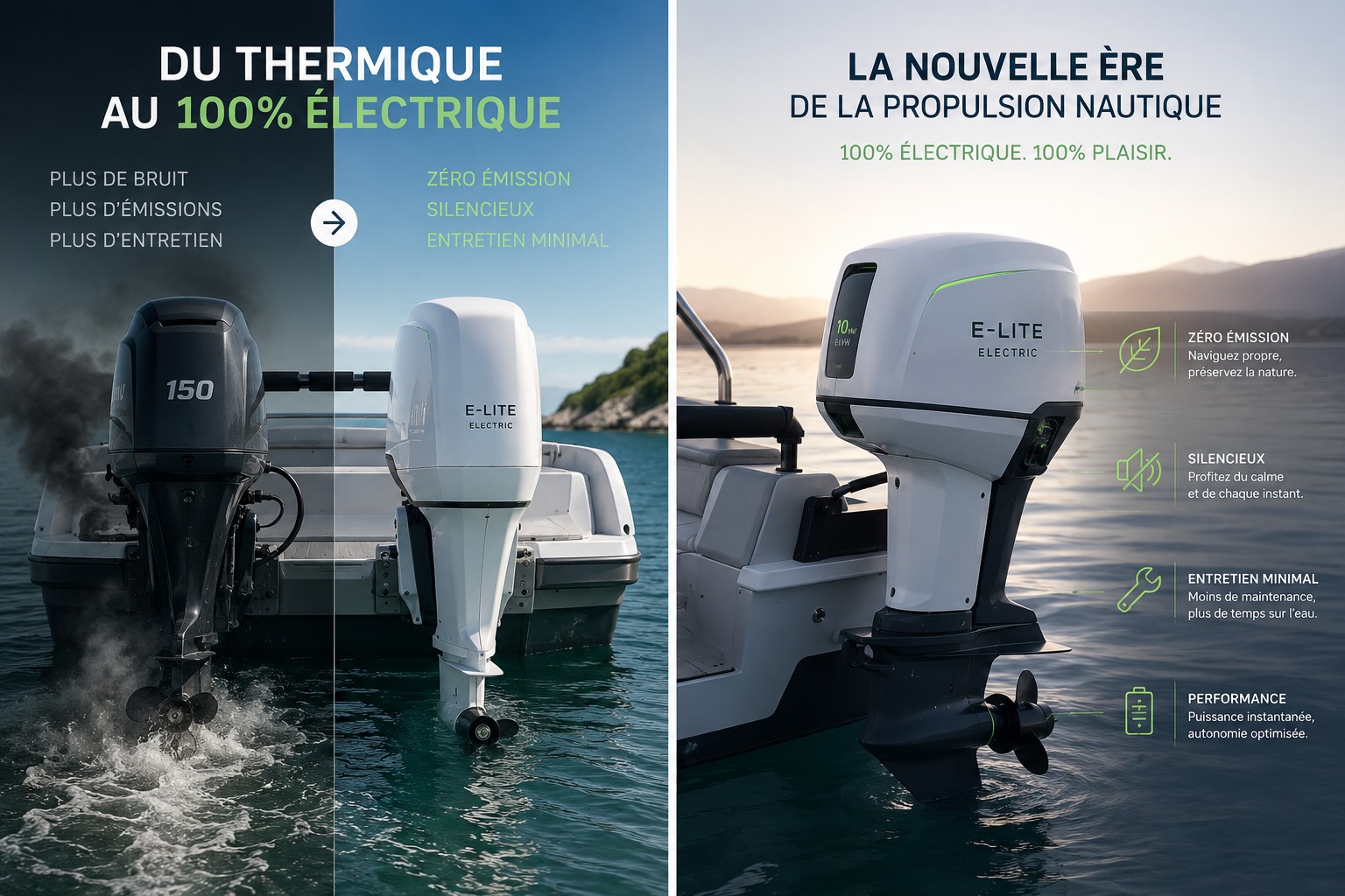 Comparaison avant/après : un moteur hors-bord thermique de 150 ch rejetant des fumées, face à un moteur hors-bord électrique sans émission, silencieux et à l'entretien réduit.