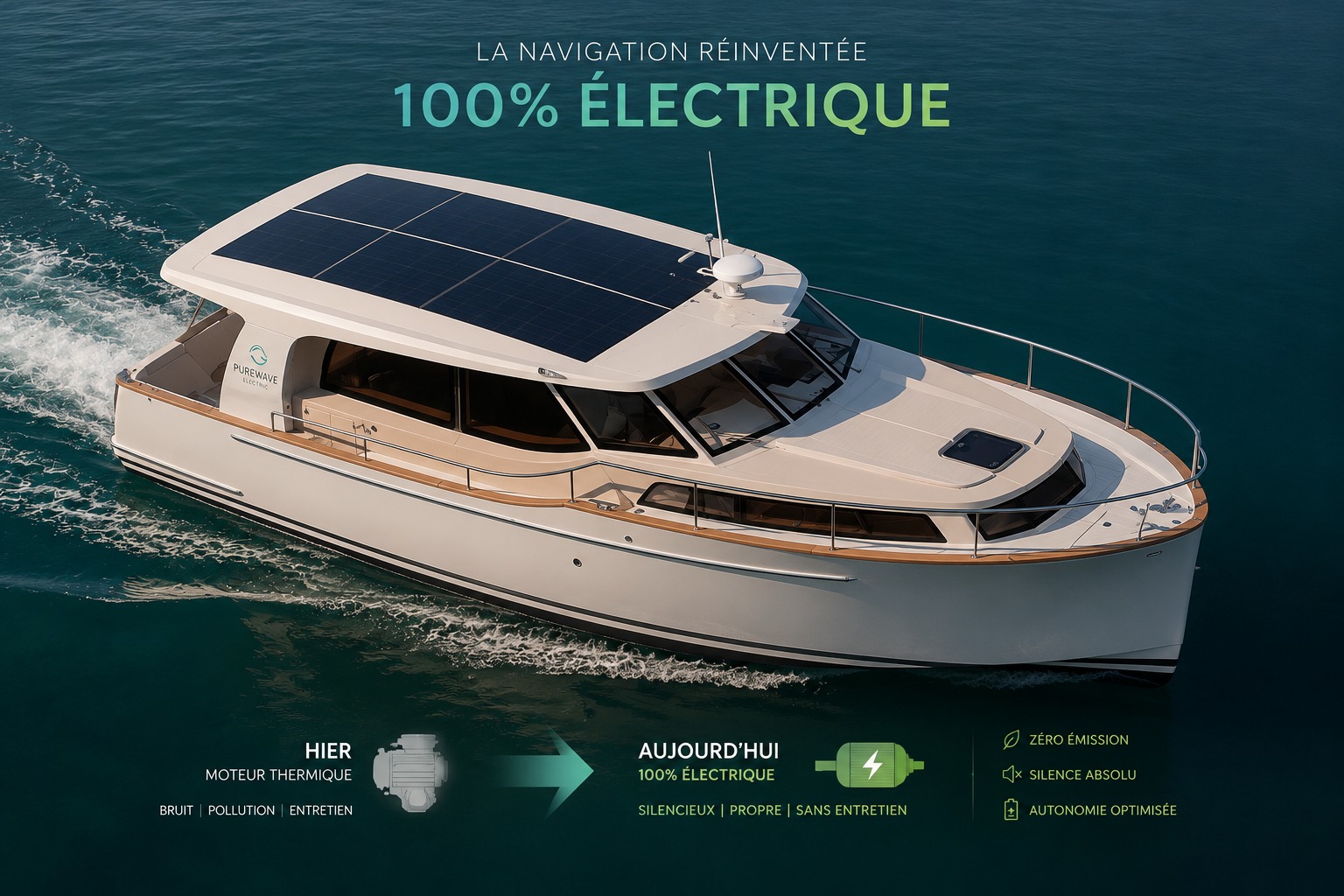 Bateau de croisière électrique blanc équipé de panneaux solaires sur le toit, naviguant sur une mer turquoise.